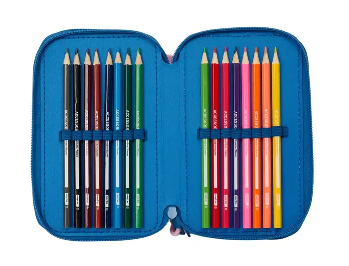 SAFTA Plumier Escolar Stitch Lilo Triple Cremallera, 3 Compartimentos con Cremallera, 37 Piezas, 195x125x55 mm