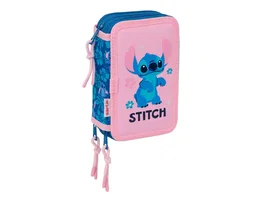 SAFTA Plumier Escolar Stitch Lilo Triple Cremallera, 3 Compartimentos con Cremallera, 37 Piezas, 195x125x55 mm