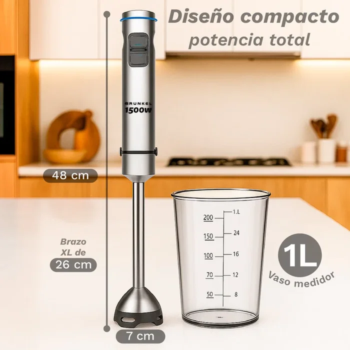 Grunkel BM-1500SET Batidora de Mano 1500W Acero Inoxidable Negro, Set con Vaso Medidor, Picadora, Varilla y Soporte Organizador