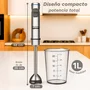 Grunkel BM-1500SET Batidora de Mano 1500W Acero Inoxidable Negro, Set con Vaso Medidor, Picadora, Varilla y Soporte Organizador