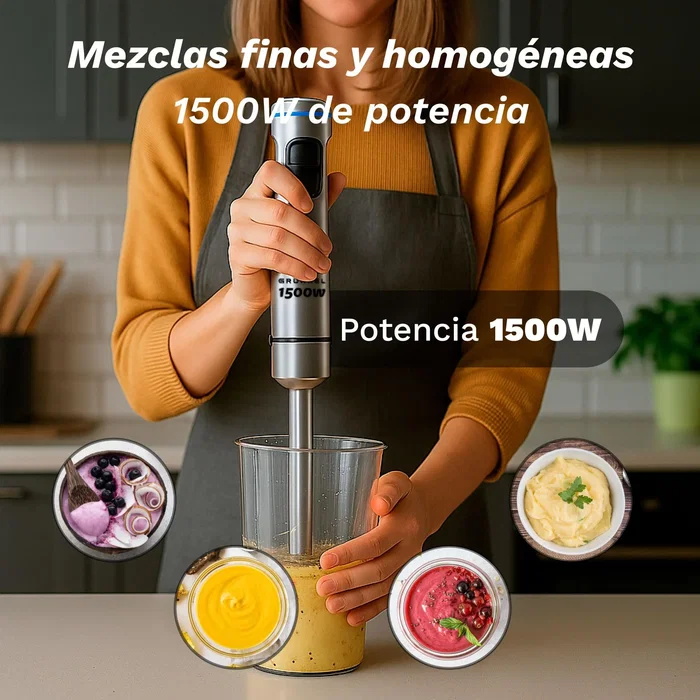 Grunkel BM-1500SET Batidora de Mano 1500W Acero Inoxidable Negro, Set con Vaso Medidor, Picadora, Varilla y Soporte Organizador