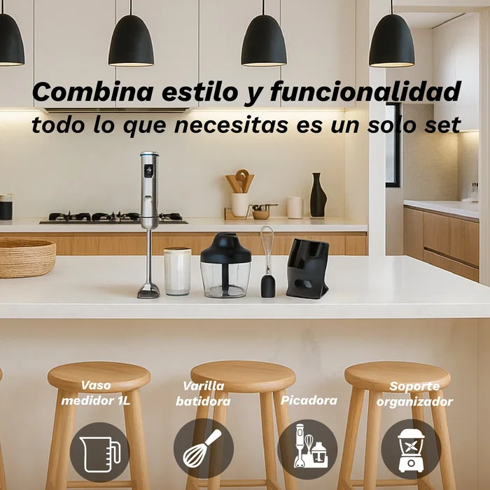 Grunkel BM-1500SET Batidora de Mano 1500W Acero Inoxidable Negro, Set con Vaso Medidor, Picadora, Varilla y Soporte Organizador