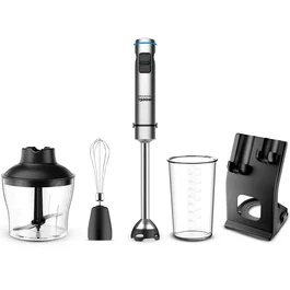 Grunkel BM-1500SET Batidora de Mano 1500W Acero Inoxidable Negro, Set con Vaso Medidor, Picadora, Varilla y Soporte Organizador