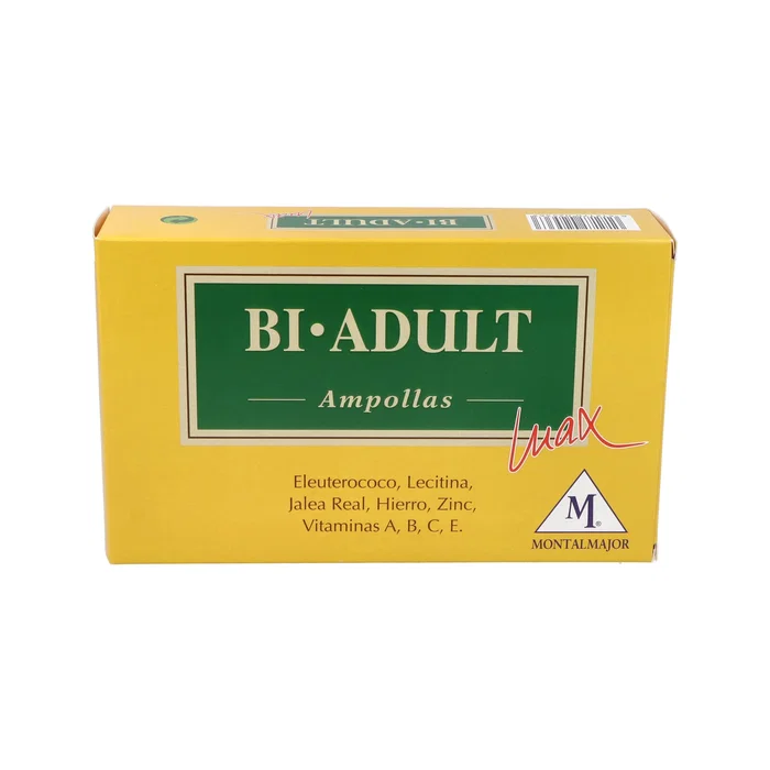 MONTALMAJOR - M.R.A. Bi Adult 20Amp. Suplemento Vigorizante Jalea Real Hierro Zinc Vitaminas Esfuerzo Físico Mental