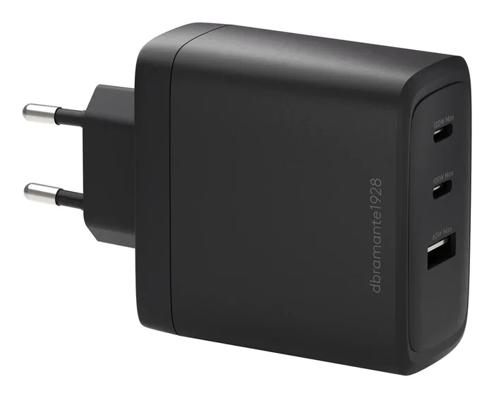 Dbramante1928 CI10EUBL7230 Cargador de Pared 100W USB-C Carga Rápida, 3 Puertos (2x 100W, 1x 60W) para Portátil, Smartphone y Tablet, Negro, Corriente Alterna, Interior