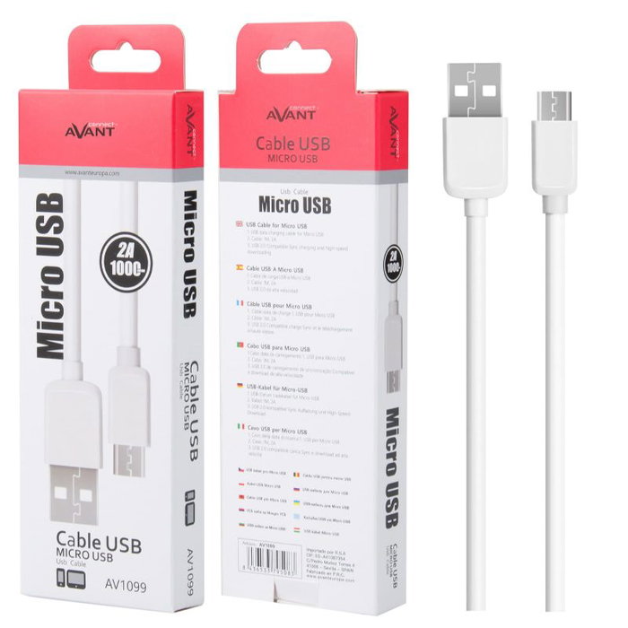 AVANT CONNECT Cable Micro USB a USB de 1 Metro, Carga Rápida 2A, Blanco