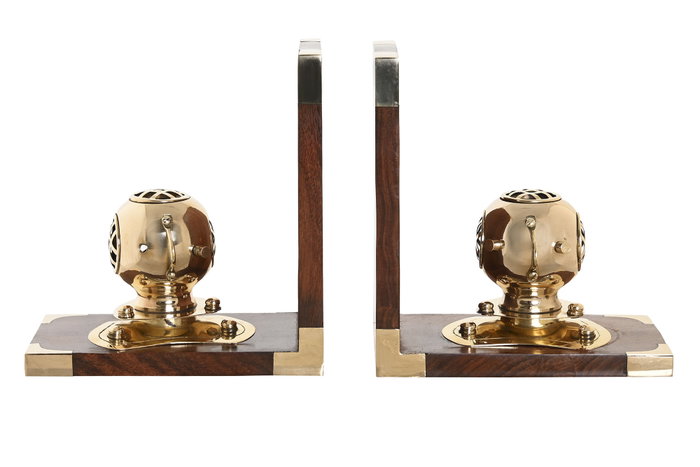 DKD Home Decor Set de 2 Sujetalibros de Latón y Sheesham Escafandra DKD Home Decor Set de 2 Sujetalibros de Latón y Sheesham Escafandra