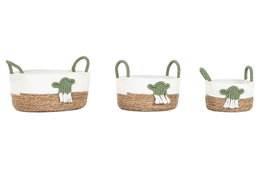 DKD Home Decor Set de 3 Cestas de Fibra y Algodón Blanco, Verde y Natural