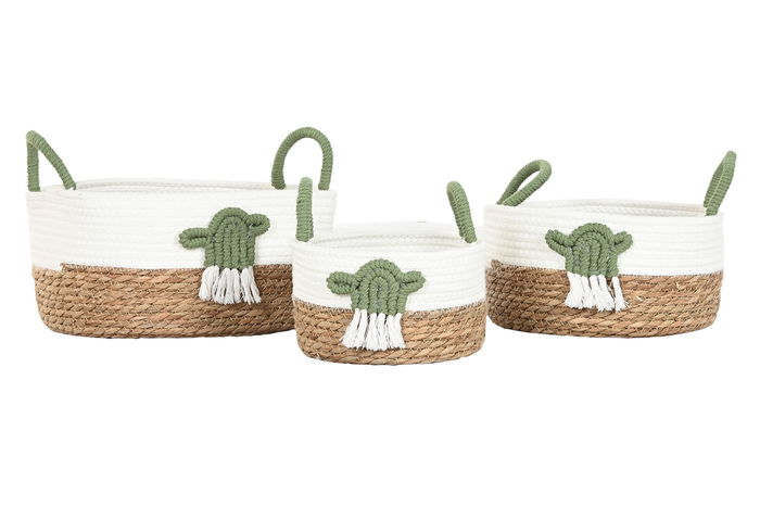 DKD Home Decor Cesta Boho Blanco Verde Fibra Algodon 30 x 30 x 15 cm Set de 3 Piezas