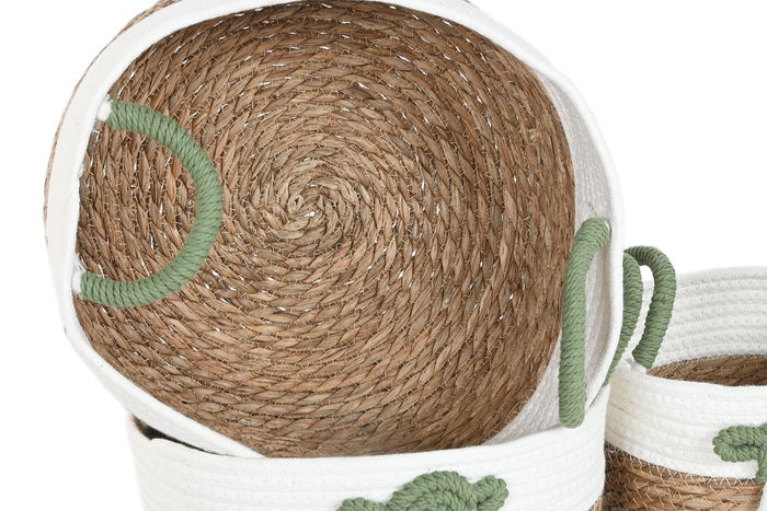 DKD Home Decor Cesta Boho Blanco Verde Fibra Algodon 30 x 30 x 15 cm Set de 3 Piezas