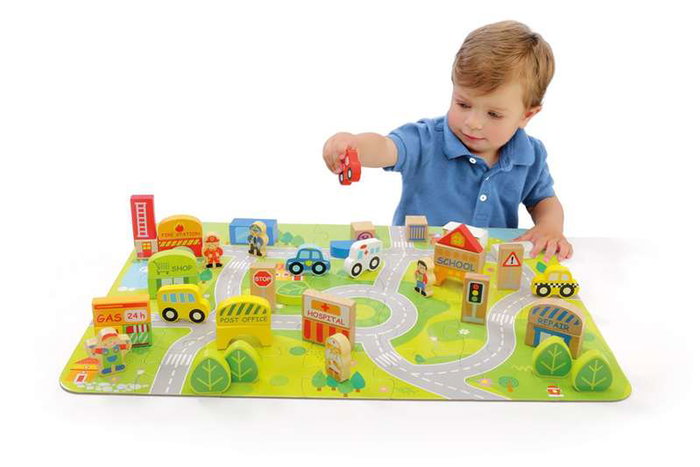 Molto Bloques de Madera Tematica Ciudad con Contenedor, 26x17.5x17.5 cm, Juguete Educativo para Niños de 1 a 99 Años, Español/Inglés