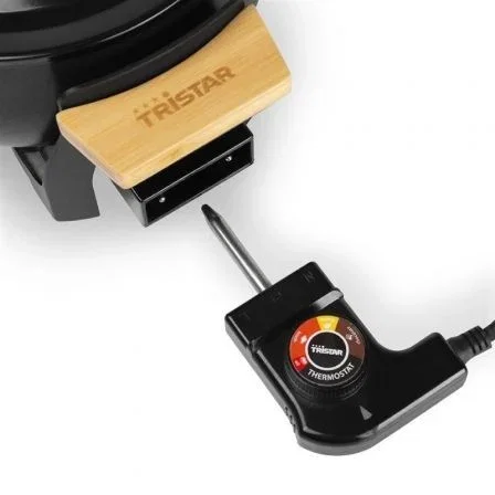 Tristar FO-1108 Fondue Eléctrica de Bambú 1000W con 8 Tenedores, Olla Antiadherente de 1.5L para 8 Personas, Termostato Regulable