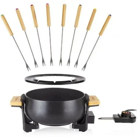 Tristar FO-1108 Fondue Eléctrica de Bambú 1000W con 8 Tenedores, Olla Antiadherente de 1.5L para 8 Personas, Termostato Regulable