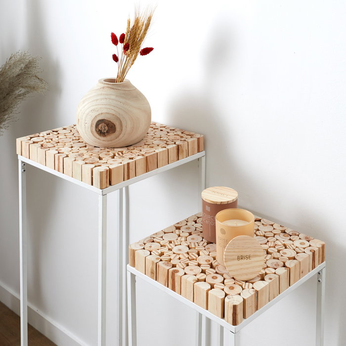 Home Deco Factory Juego de 2 Pedestales Natural Madera y Metal H90cm H75cm Home Deco Factory Juego de 2 Pedestales Natural Madera y Metal H90cm H75cm