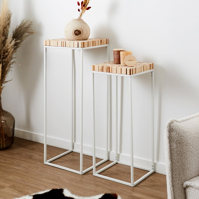 Home Deco Factory Juego de 2 Pedestales Natural Madera y Metal H90cm H75cm Home Deco Factory Juego de 2 Pedestales Natural Madera y Metal H90cm H75cm