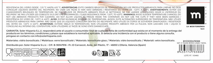 La Mediterranea Set 3 Tazas Boro Lisas 150 ml d: 6 cm h: 7 cm (24 Unidades)