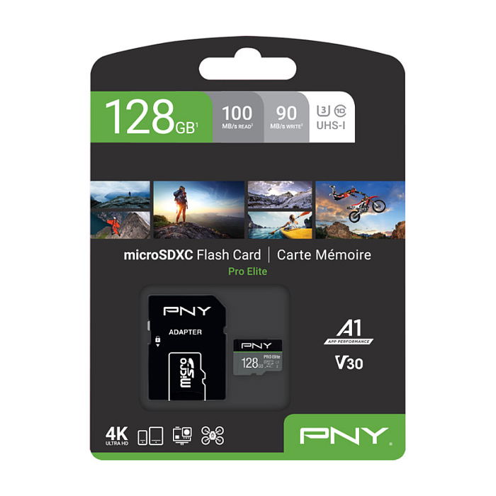 PNY PRO Elite MicroSDXC 128GB Tarjeta de Memoria, UHS-I, Clase 10, U3, Hasta 100MB/s de Lectura, con Adaptador SD