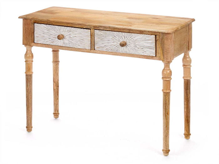 Mesa Recibidor Giftdecor 2 Cajones Líneas Natural Blanco 98x77x42cm Madera Mango