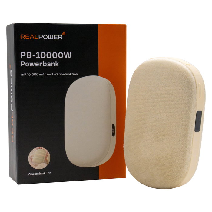 RealPower PB-10000W Powerbank 10000 mAh Beige con Función de Calor, Carga Rápida USB-C, Diseño Terciopelo, 2 Puertos
