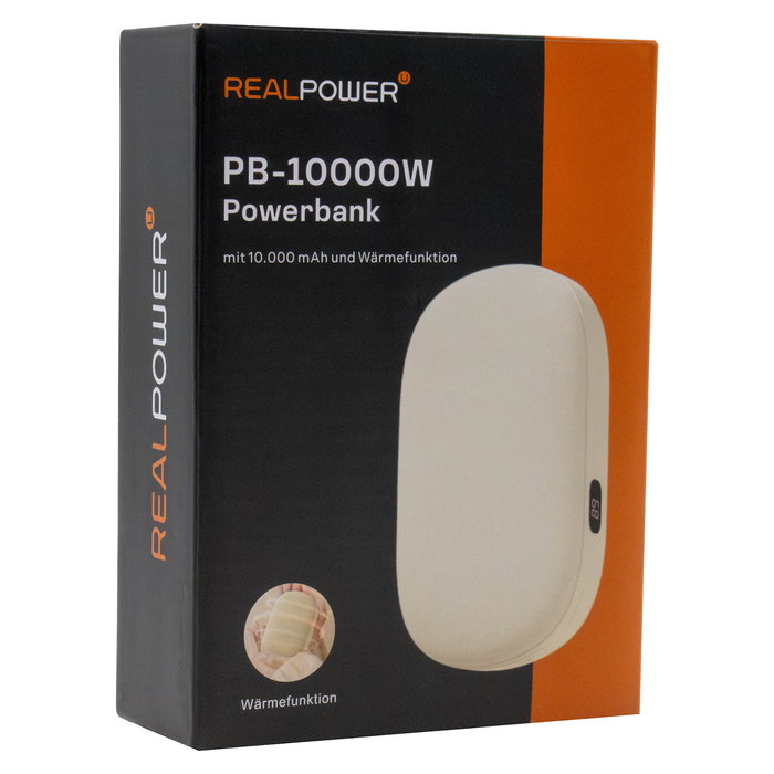 RealPower PB-10000W Powerbank 10000 mAh Beige con Función de Calor, Carga Rápida USB-C, Diseño Terciopelo, 2 Puertos