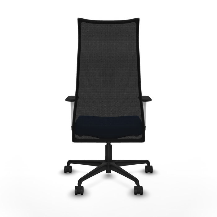 Sillón Albacete con mecanismo Sincro tapizada con Similpiel color Azul y malla color Negro. Equipado con Base nailon negra, Brazos 1D y Ruedas 65mm nailon