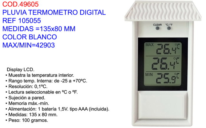 PLUVIA Termómetro Digital Blanco 135x80 mm PLUVIA Termómetro Digital Blanco 135x80 mm