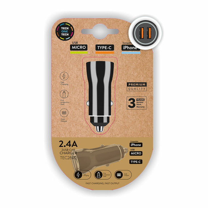 Tech One Tech Cargador de Coche TEC2802 Doble USB 2,4A Negro Tech One Tech Cargador de Coche TEC2802 Doble USB 2,4A Negro