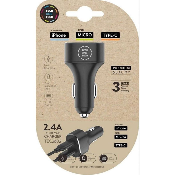 Tech One Tech Cargador de Coche TEC2802 Doble USB 2,4A Negro Tech One Tech Cargador de Coche TEC2802 Doble USB 2,4A Negro