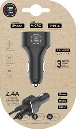 Cargador Tech-One-Tech Doble Mechero Coche 2Xusb Negro Alto Rendimiento 2,4A