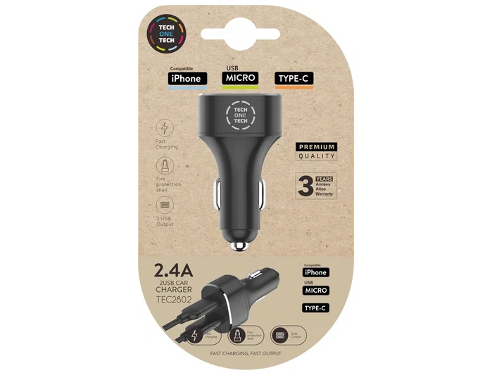 Tech One Tech Cargador de Coche TEC2802 Doble USB 2,4A Negro Tech One Tech Cargador de Coche TEC2802 Doble USB 2,4A Negro