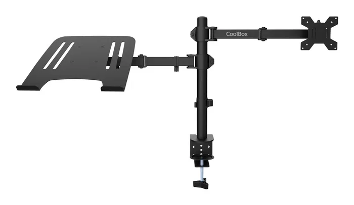 CoolBox MP01 Soporte de Escritorio con Abrazadera para Monitor de hasta 32" y Portátil de hasta 17" | Brazo Simple de Acero Negro | Compatibilidad VESA 75/100