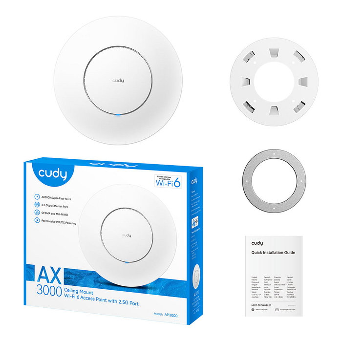 Cudy AP3000 Punto de Acceso Wi-Fi 6 AX3000 con Puerto LAN 2.5G Gigabit, 2976 Mbps, PoE, 5 Antenas Internas, para Techo/Pared