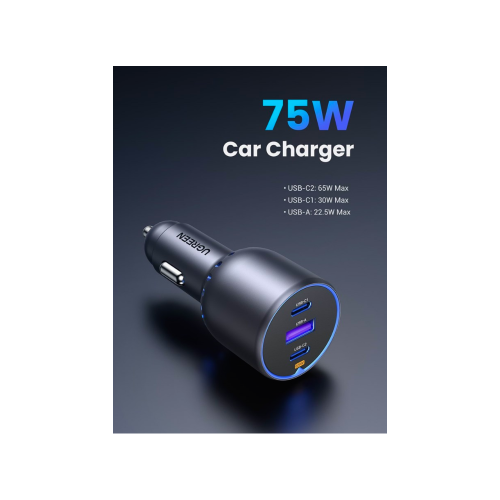 UGREEN Cargador de Auto Rápido 75W de 3 Puertos - Gris