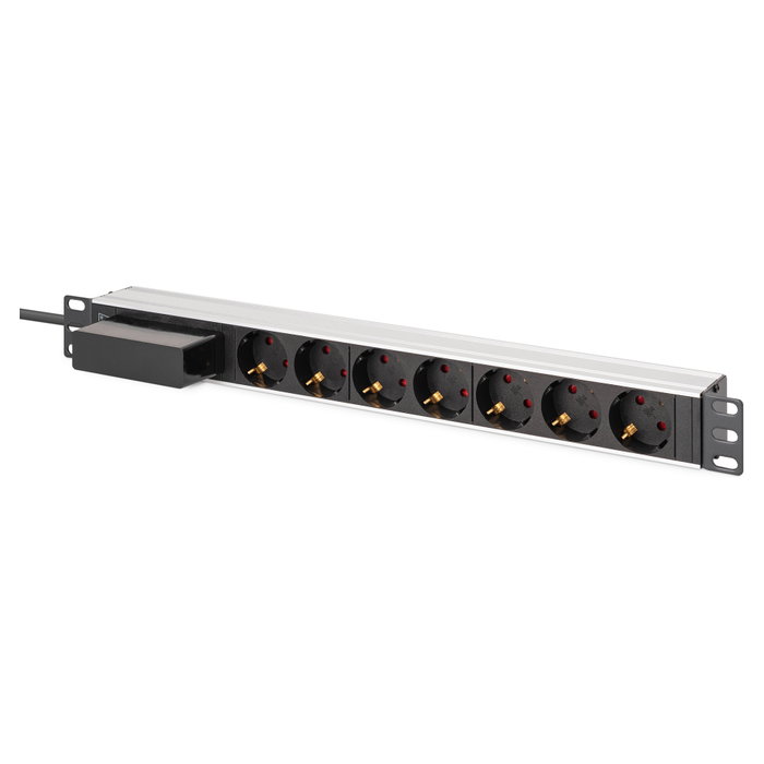 Digitus Regleta de Enchufes de Aluminio 7 Vías con Disyuntor, 1U 19" (48.3 cm), Horizontal/Vertical, 230V 16A 4000W, 1.8 m Cable Negro Digitus Regleta de Enchufes de Aluminio 7 Vías con Disyuntor, 1U 19" (48.3 cm), Horizontal/Vertical, 230V 16A 4000W, 1.8 m Cable Negro