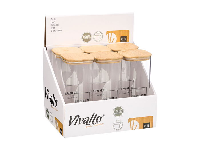Vivalto Tarro Borosilicato con Tapa de Bambú para Spaghetti 2,1L - Vidrio Transparente, Bambú - 10 x 25 x 10 cm (Set de 12)