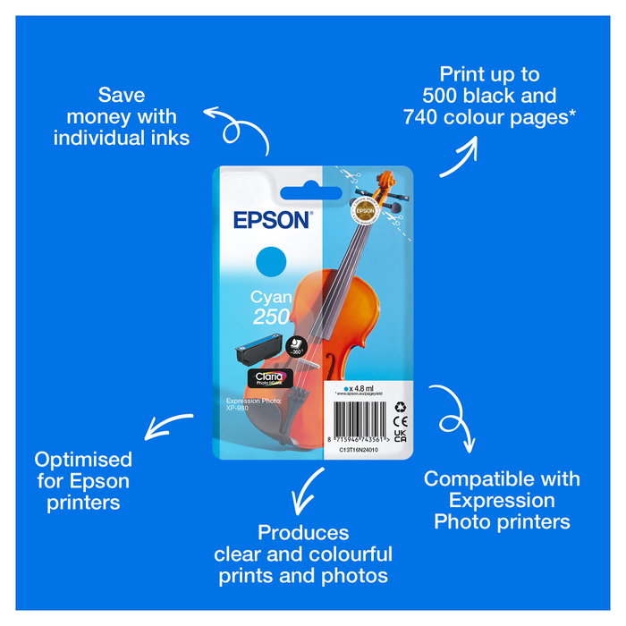 Epson Cartucho de Tinta 250 Cian 4,8 ml C13T16N24010 Epson Cartucho de Tinta 250 Cian 4,8 ml C13T16N24010