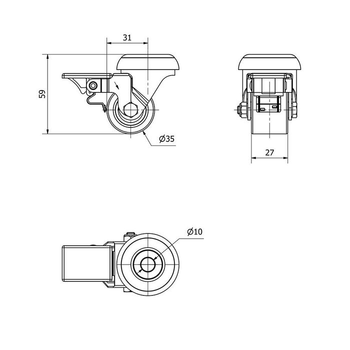 Ruedas Alex Rueda giratoria con agujero y freno, rodamiento de bolas, color naranja, carga máx. 100 kg, ø 3,5 cm