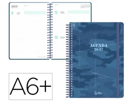 Liderpapel Agenda Escolar 2026-2027 Military - A6+ Espiral, Día por Página, Bilingüe Español, Azul, Papel FSC 80g, con Gomilla y Pegatinas