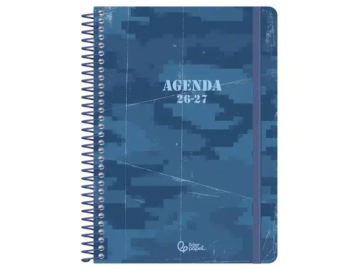 Liderpapel Agenda Escolar 2026-2027 Military - A6+ Espiral, Día por Página, Bilingüe Español, Azul, Papel FSC 80g, con Gomilla y Pegatinas