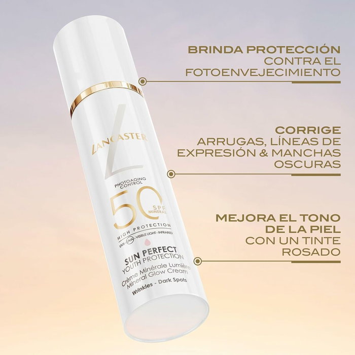 Lancaster Sun Perfect Crema Iluminadora Facial Mineral SPF50+ 30 ml - Protección Antiedad, Tono Rosado, Para Piel Sensible