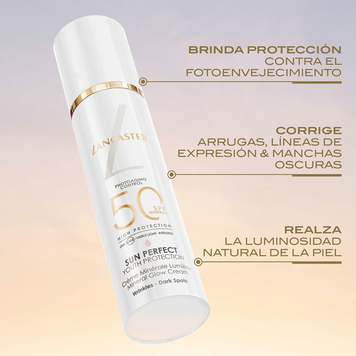 Lancaster Sun Perfect Crema Iluminadora Facial Mineral SPF50+ 30 ml - Protección Antiedad, Tono Rosado, Para Piel Sensible