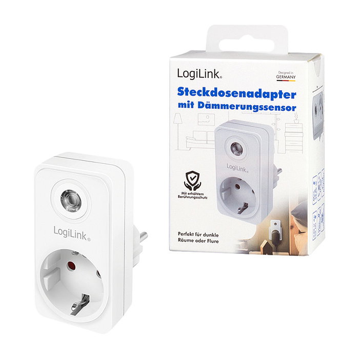 LogiLink PA0263 Adaptador de enchufe con sensor crepuscular, enchufe tipo F Schuko 230 V 16 A 3600 W IP20, Blanco