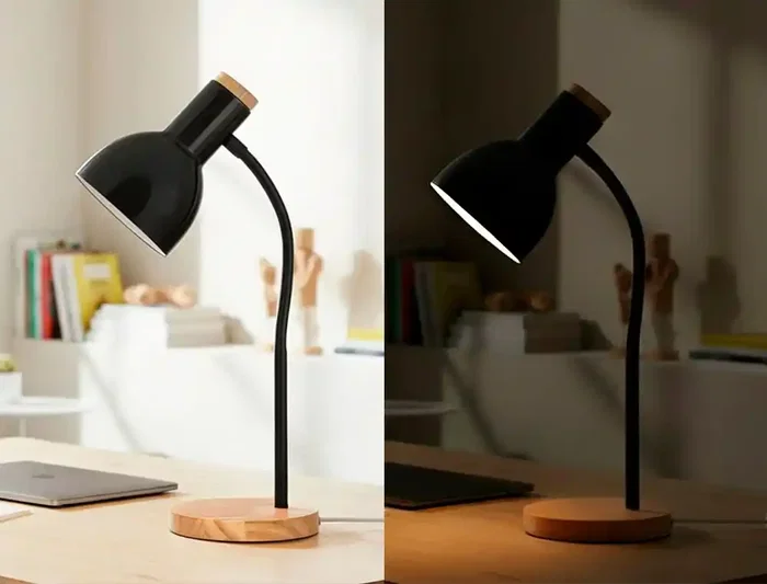 Q-Connect Orion Lámpara de Escritorio Brazo Flexible con Detalles de Madera, Color Negro, 40W Máx., Compatible LED, Interruptor Integrado, 130 mm Cable