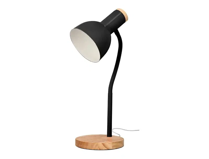 Q-Connect Orion Lámpara de Escritorio Brazo Flexible con Detalles de Madera, Color Negro, 40W Máx., Compatible LED, Interruptor Integrado, 130 mm Cable