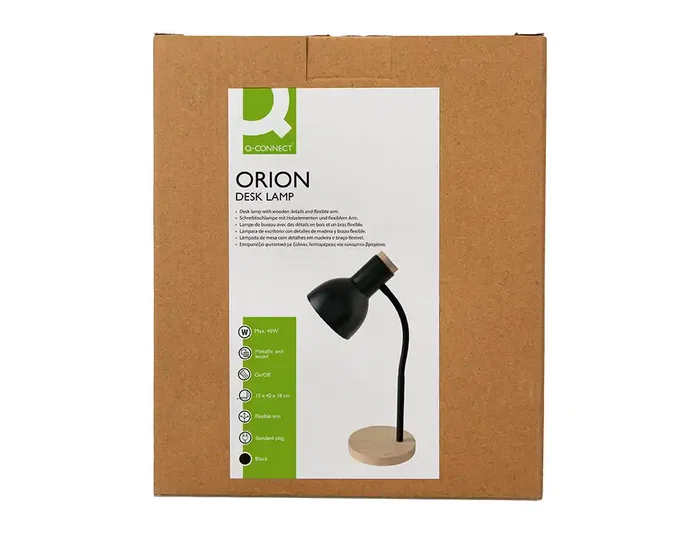 Q-Connect Orion Lámpara de Escritorio Brazo Flexible con Detalles de Madera, Color Negro, 40W Máx., Compatible LED, Interruptor Integrado, 130 mm Cable