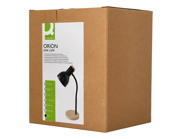 Q-Connect Orion Lámpara de Escritorio Brazo Flexible con Detalles de Madera, Color Negro, 40W Máx., Compatible LED, Interruptor Integrado, 130 mm Cable