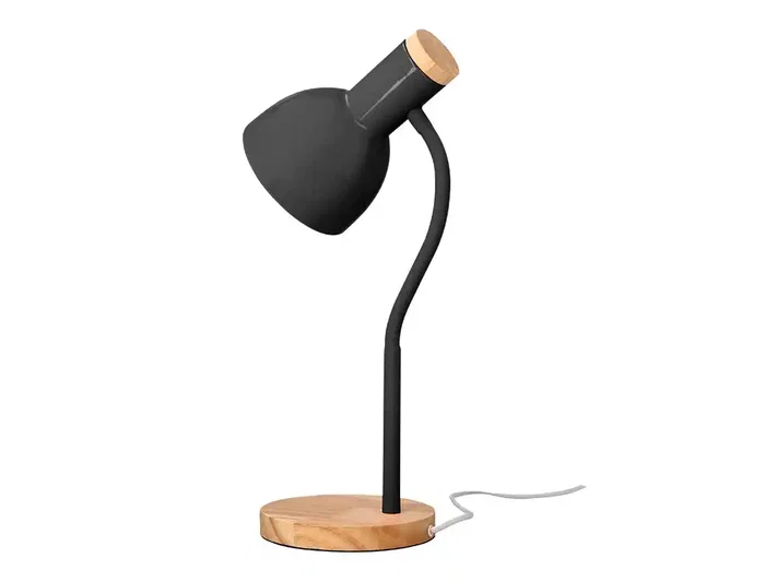 Q-Connect Orion Lámpara de Escritorio Brazo Flexible con Detalles de Madera, Color Negro, 40W Máx., Compatible LED, Interruptor Integrado, 130 mm Cable