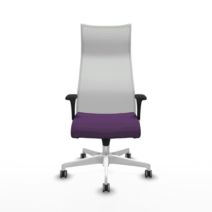 Sillón Albacete con mecanismo Sincro tapizada con Tela color Morado y malla color Blanco. Equipado con Base poliamida blanca, Brazos 1D y Ruedas 65 mm parqué Sillón Albacete con mecanismo Sincro tapizada con Tela color Morado y malla color Blanco. Equipado con Base poliamida blanca, Brazos 1D y Ruedas 65 mm parqué