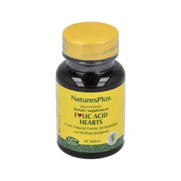NATURES PLUS Ácido Fólico Hearts 90 Comp. con Vitaminas B6, B12 y Folato para Sistema Nervioso y Glóbulos Rojos, Vegano
