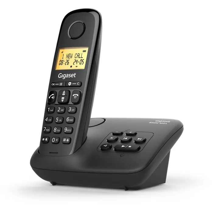 Gigaset Basic 100A Teléfono fijo con contestador automático, manos libres, pantalla retroiluminada, agenda 50 contactos y bloqueo de llamadas, Negro